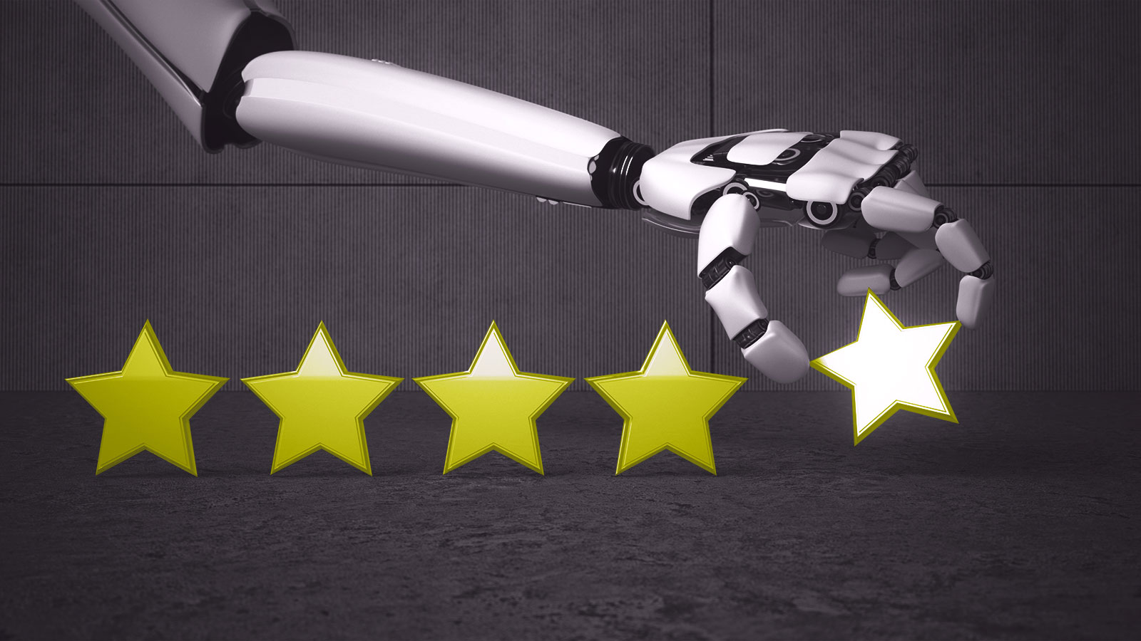 braccio robotico (concetto di AI) che aggiunge una stella ad una recensione